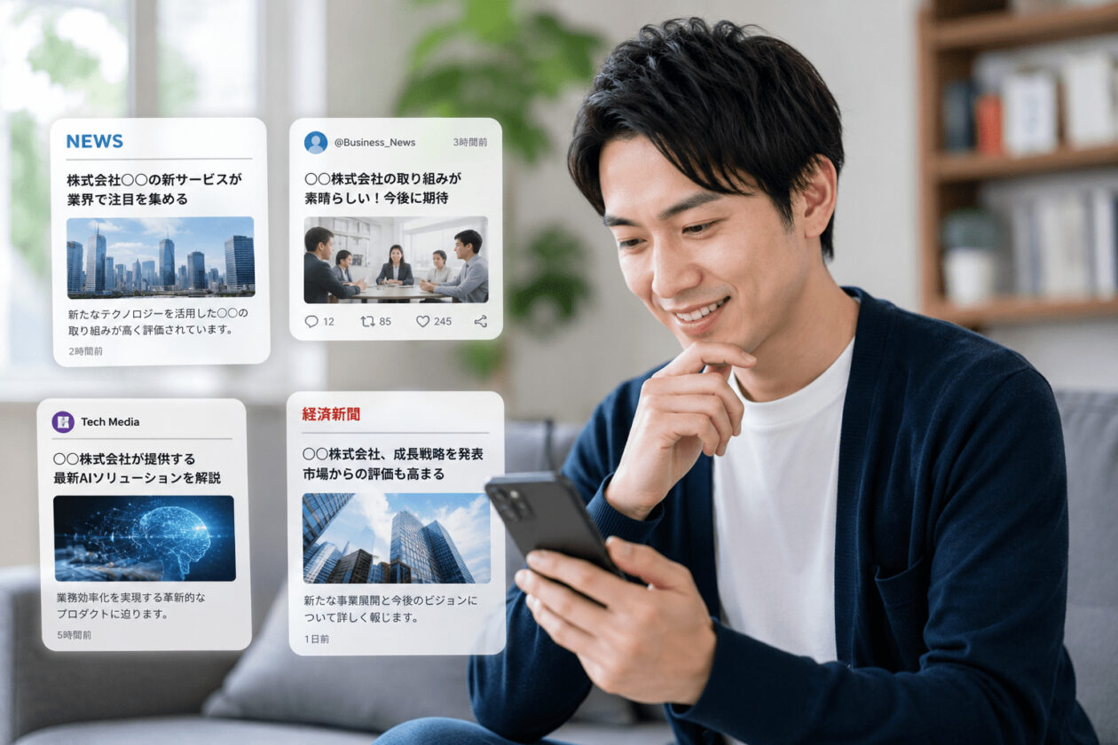 オンラインメディアやSNSで企業情報の露出拡大を確認している人物
