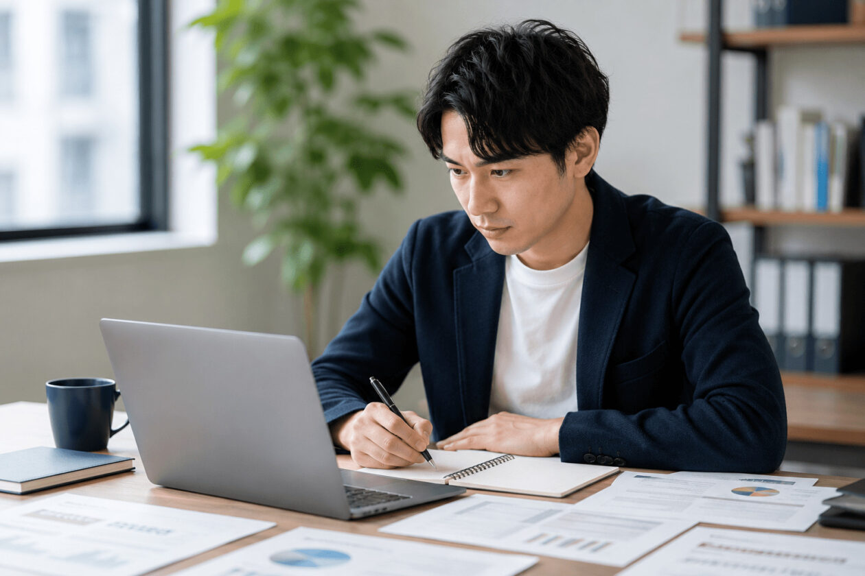 プロジェクト内容を確認しながら施策を整理している担当者