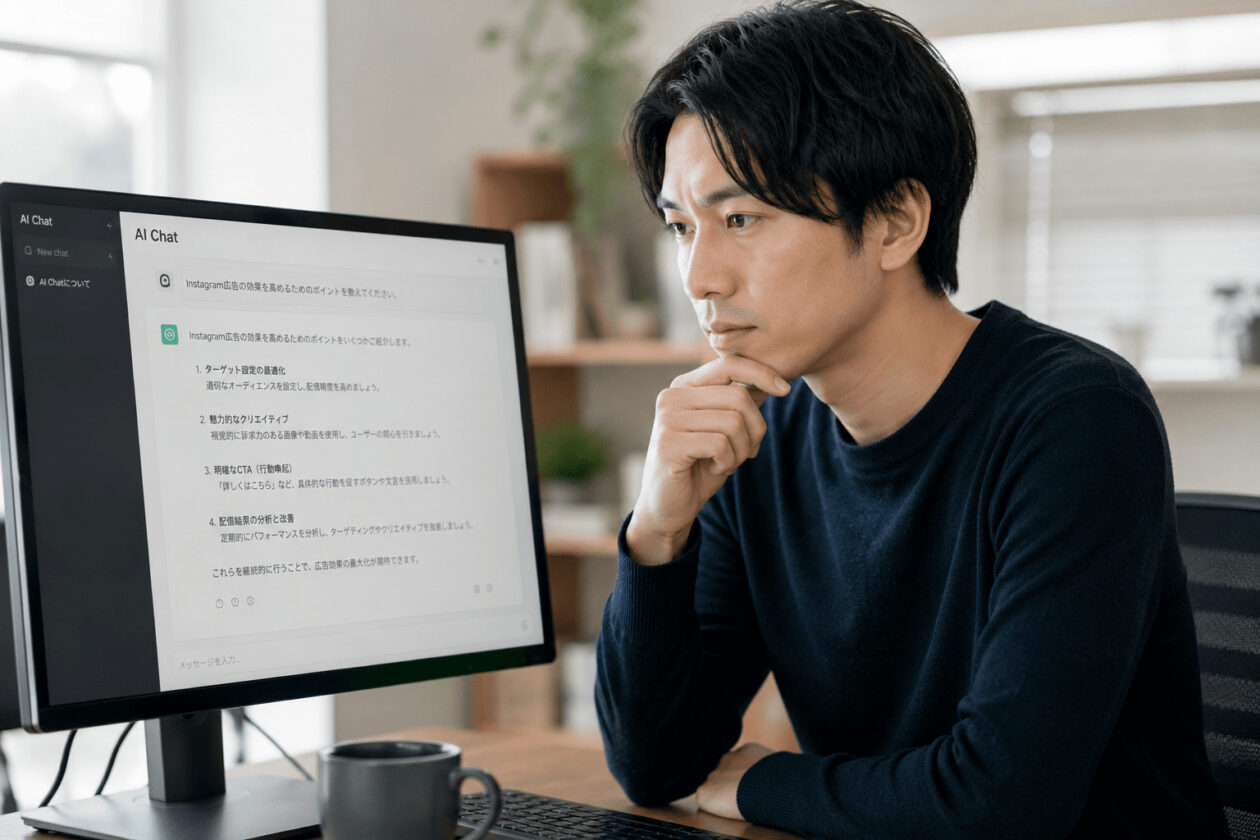 AIチャットを活用してマーケティング情報を調査している担当者